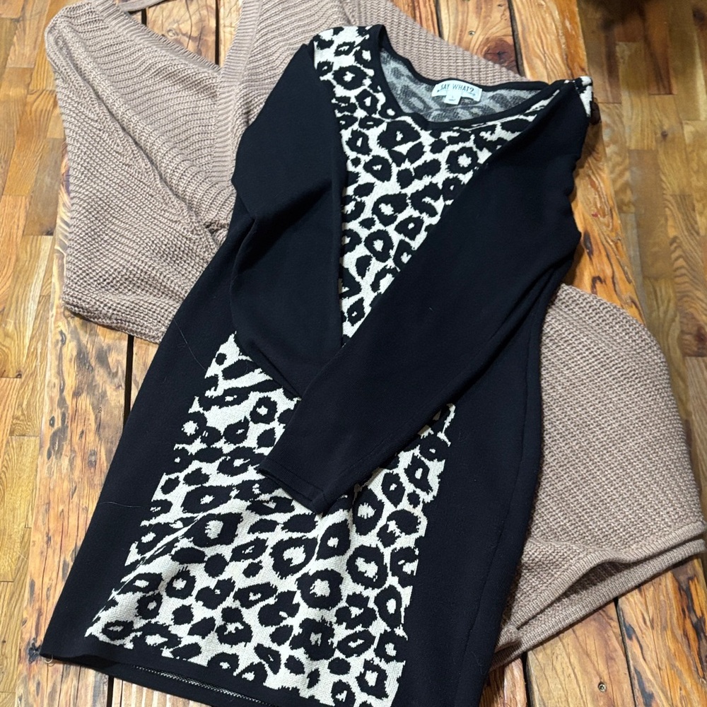 2 Pack Large Say What Dresses - Black and Tan Leopard, and Brown Knitted V-neck